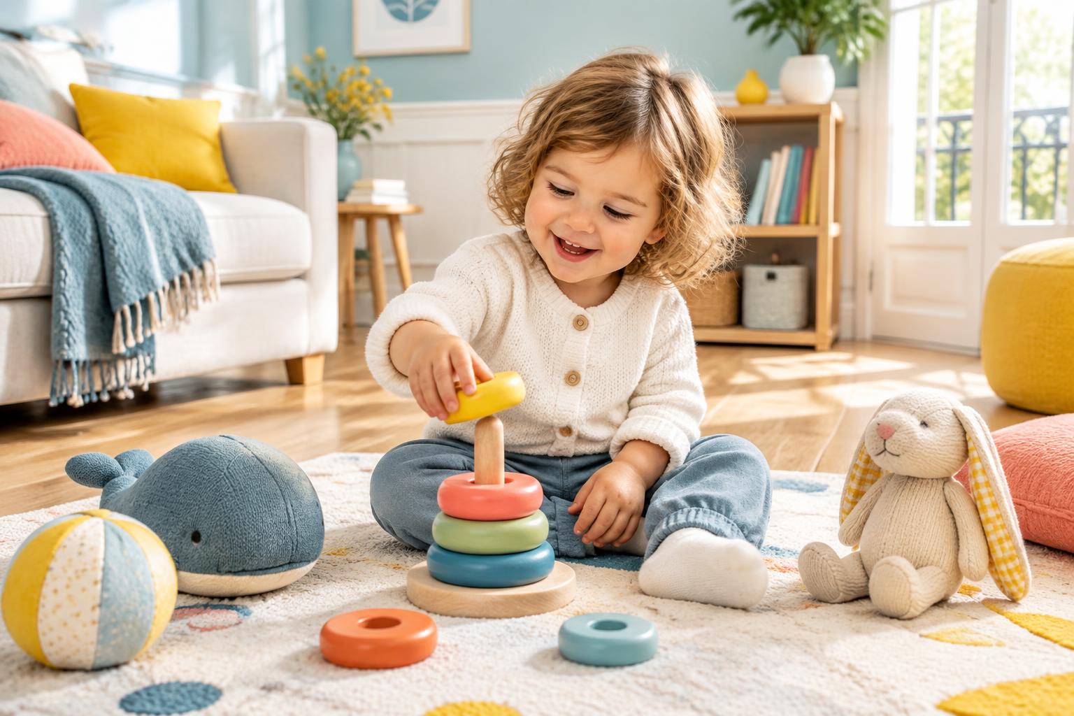 Child playing with stacking toys in a bright room